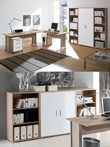 Arbeitszimmer mit Winkelschreibtisch komplett Set Office Line mit Highboard in Eiche Sonoma / Weiß glanz