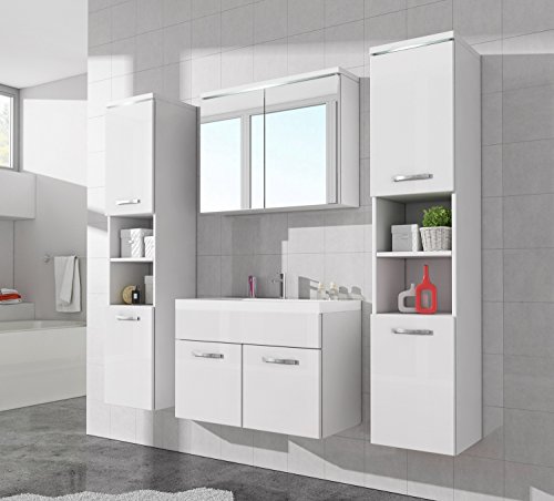 Badezimmer Badmöbel Paso XL LED 80 cm Waschbecken Hochglanz Weiß Fronten - Unterschrank 2x Hochschrank Waschbecken Möbel