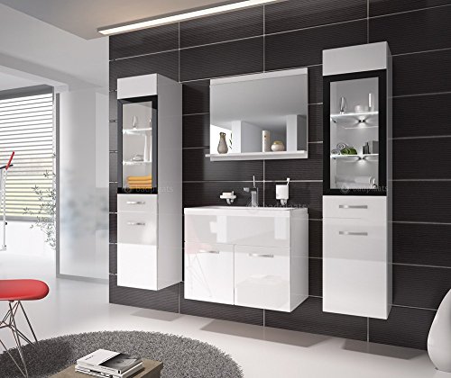 Badezimmer Badmöbel Rio XL LED 60 cm Waschbecken Hochglanz Weiß Fronten - Unterschrank 2x Hochschrank Waschtisch Möbel