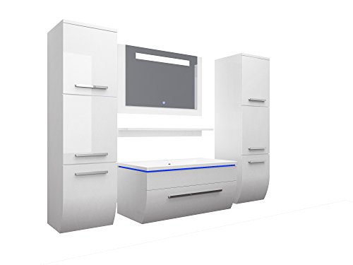 Badmöbelset Badezimmermöbel Komplett Set Waschbeckenschrank mit Waschtisch Spiegel 2 hochschränke mit LED Hochglanz Fronten weiß 70 cm Vormontiert Homeline1