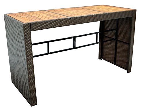 Bartisch CORTINA 185x80cm, Höhe 110cm, Metallgestell + Polyrattan braun, Tischplatte Akazie