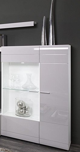 Beauty.Scouts Highboard "La Cors" - Wohnzimmer, Esszimmer, Flur, Diele, Schrank, Highboard, Kommode, Hochglanz weiss, Vitrine links, Glasboden, opt. mit Beleuchtung blau oder weiss, 90x140x35cm