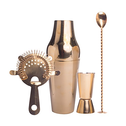 Cocktail Set Gold, Trend Geschenkbox premium Cocktail Shaker Set, Edelstahl goldfarben, Cocktail Shaker, Jigger, Strainer, Barlöffel