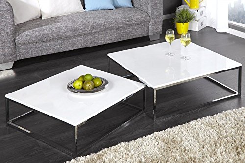 DuNord Design Couchtisch Beistelltisch 2er Set STAGE weiss hochglanz Chrom Design Tisch Set