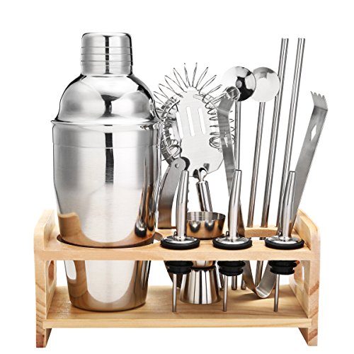 Edelstahl Cocktailshaker Set mit 13 Pcs von Godmorn, Cocktail Shaker, Cocktail Messbecher, Eissieb, Eiszange, Öffner, Edelstahl Strohhalme, Barlöffel, Ausgießer, Rack aus Holz