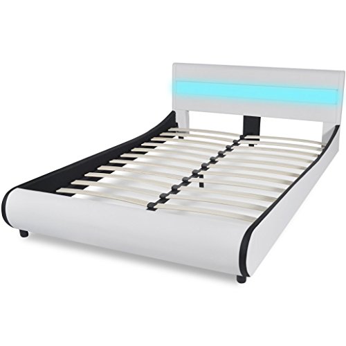 Festnight 223x147,5x70cm Doppelbett Kunstlederbett Polsterbett Bett mit LED-Leiste am Kopfteil 140cm Kunstlederpolsterung Weiß