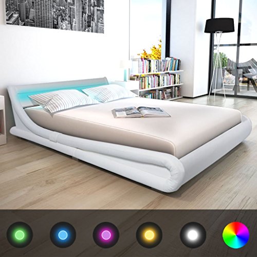 Festnight Polsterbett Bett Doppelbett Ehebett mit Matratze und LED-Streifen Kunstleder 160x200 cm weiß