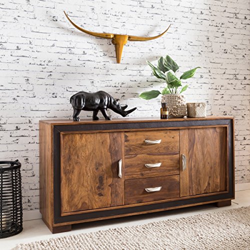 FineBuy Design Sideboard KARNA Sheesham Massivholz mit Kunstleder 160x44x80 cm | Anrichte im rustikalen Landhausstil | Kommode mit Schubladen & Türen