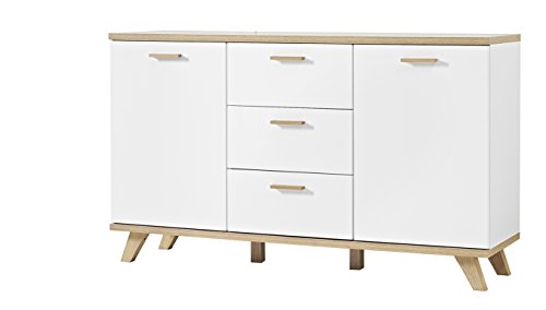 Germania 3216-221 Sideboard im skandinavischen Design GW-Oslo in Weiß/Absetzungen Sanremo-Eiche-Nachbildung, 144 x 85 x 40 cm (BxHxT)