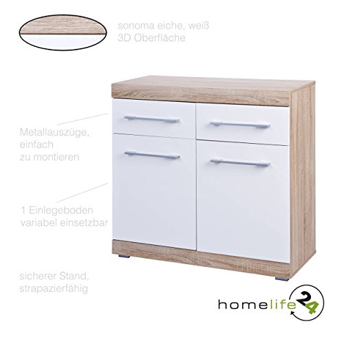 Kommode mit 2 Türen 2 Schubladen mit Metallauszügen Sonoma Eiche weiß Hochglanz Sideboard Mehrzweckschrank Anrichte Diele Flur Esszimmer Wohnzimmer