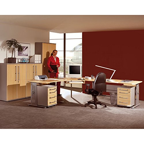 Komplett Büromöbel Set, in Ahorn mit silber, höhenverstellbarer C-Fuß Eckschreibtisch, 2 Rollcontainer, 1 5OH Aktenschrank, 2 3OH Aktenschränke
