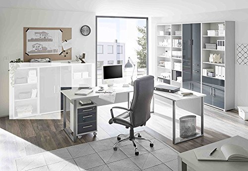 Komplettes Arbeitszimmer Büro Möbel Set Komplettset OFFICE LUX in lichtgrau Glas graphit Lack 6-teilig