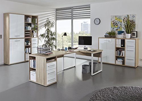 Komplettes Arbeitszimmer - Büromöbel Komplett Set Plus Modell 2017 MAJA SET+ in Eiche Natur / Weißglas (SET 4)