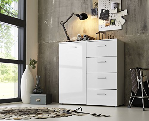 Modell 2017 Schubladen Kommode Sideboard Anrichte MARBELLA in Hochglanz Weiß - Made in Germany - Höhe 91cm, Breite 88cm, Tiefe 32cm