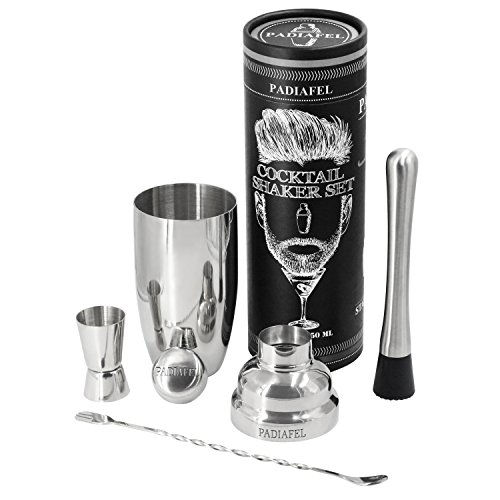 PADIAFEL Cocktail Shaker Bar-Set, professionelles Barkeeper Zubehör für Zuhause, 0,75l Edelstahl Martini / Drink Mixer mit integriertem Sieb, Messbecher, Barlöffel und Rezeptanleitungen