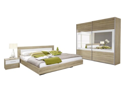 Rauch Schlafzimmer Komplett-Schlafzimmer Set mit Bettanlage 180 x 200 cm und Schwebetürenschrank, Eiche Sonoma Nachbildung, Weiß Alpin