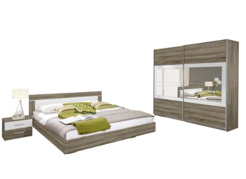 Rauch Schlafzimmer Komplett Set mit Bett 180x200, Schrank mit Spiegel und Nachttischen, Eiche Havanna, Absetzungen Weiß Alpin