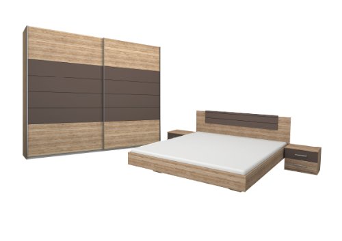 Rauch Schlafzimmer Komplett Set mit Bett 180x200, Schwebetürenschrank und Nachttischen, Eiche San Remo hell, Absetzungen Lavagrau