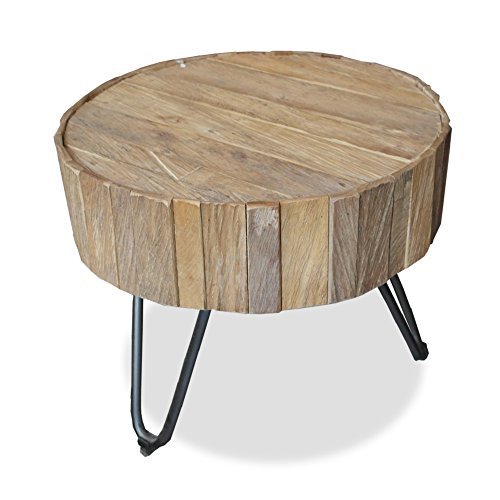 Runder Beistelltisch LAGOS Couchtisch Teakholz Massivholz sandgestrahlt Durchmesser 50cm Industrial Design 14250