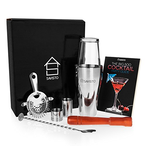 Savisto Premium Cocktail Set mit Boston Cocktail Schüttelbecher, Glas, Rezeptbuch mit 500 Rezepten, 25ml & 50ml Messbecher, gedrehtem Barlöffel, Sieb, Holzstössel, & Elegante Geschenkbox