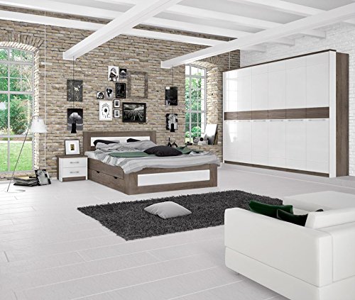 Schlafzimmer Komplett - Set I Lepa, 5-teilig, Farbe: Eiche Dunkelbraun / Weiß Hochglanz