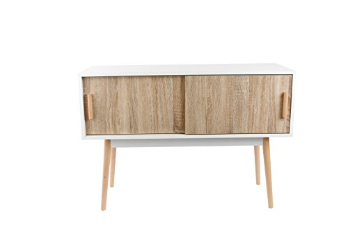 Sideboard mit Schiebetüren im Retro / Skandinavisches Design Kommode mit 2 Türen Weiß - Griffe & Beine Holz