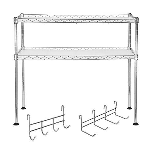 Songmics Küchenregal Mikrowellenhalter Super Stahlqualität, Breite 60 cm, Gewürzregal Verchromt - mit 8 Haken 2 Ablagen für kleine Küchen LGR20C