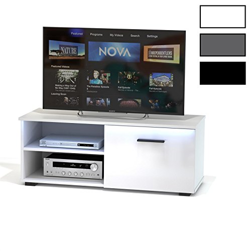 TV Lowboard Bank Fernsehtisch MALIBU in weiß Hochglanz mit LED Beleuchtung 102 cm breit, 1 Klappe