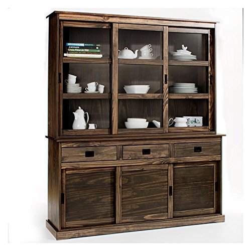 Vitrine SAVONA Anrichte mit Aufsatz Buffet Sideboard Kolonialstil Kieferkommode, 3 Türen, grau