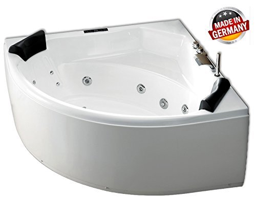 Whirlpool Badewanne Karibik Profi MADE IN GERMANY 155 x 155 cm mit 25 Massage Düsen + LED Unterwasser Beleuchtung / Licht + Heizung + Ozon Desinfektion + MIT Armaturen Eckbadewanne