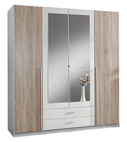 Wimex 119453 Kleiderschrank, 4-türig mit zwei Schubkästen und zwei Spiegeltüren, Front Korpus Außentüren Eiche Sägerau Nachbildung, 180 x 198 x 58 cm