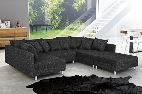 Wohnlandschaft Sofa Couch Ecksofa Eckcouch in Gewebestoff schwarz Minsk XXL