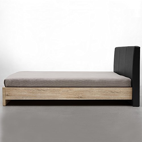 [en.casa] Design Polsterbett 'Skandinavia' (Furnier - Eiche Natur | Polster schwarz) modernes Bett / PU-Kunstleder / mit Stecklattenrost /