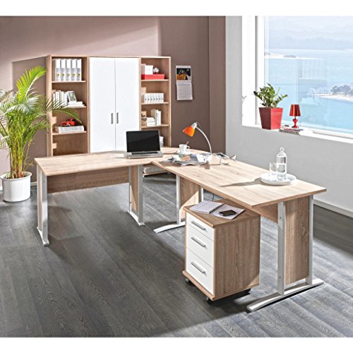 komplettes Arbeitszimmer mit Winkelschreibtisch Eckschreibtisch Schreibtisch Home Office Komplettset in Eiche Sonoma / Weiß