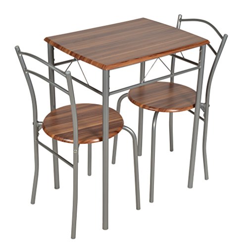 ts-ideen 3er Set Essgruppe Esstisch Küchentisch Tisch Stühle platzsparend Alugestell in Silber und Nussbaum-Optik 59 x 44 cm für die Küche Esszimmer Studentenwohnung