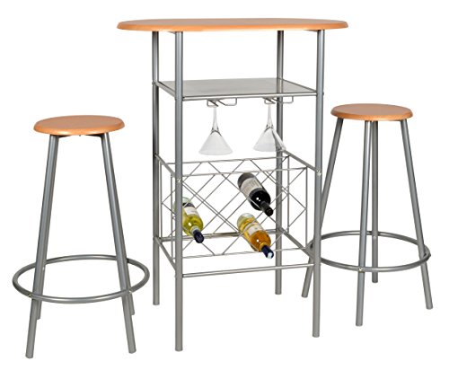 ts-ideen 3er Set Essgruppe Küchen Bistrotisch Barhocker platzsparend Esstisch Stühle 3-teilig Alugestell in silber und Nussbaum-Optik 80 x 50 cm