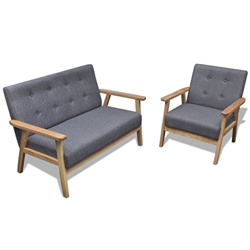 vidaXL Retro Holz Sofaset Couch Sofagarnitur Polstersessel Polstersofa Knopfdeko Grau