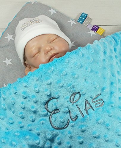 ★ Babydecke mit Namen und Datum bestickt ★ MINKY ★ Baumwolle ★ Füllung ★