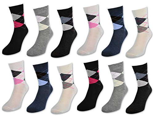 6 oder 12 Paar Damensocken ohne Gummi Baumwolle Karo Kariert Damen Socken - E-800 - sockenkauf24