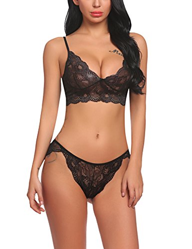 ADOME Damen Dessous Set Ungefüttert Bralette Unterwäsche Floral Spitze BH und Slips Strumpfband Set Erotik Reizwäsche