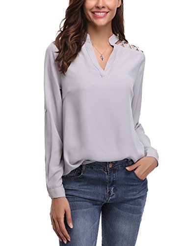 Abollria Damen Bluse Elegant Chiffon Langarm Tunika Leicht V-Ausschnitt Festliche Blusen mit Einstellbare Ärmeln