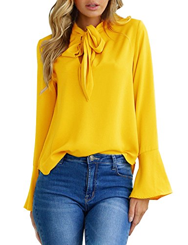 Aitos Blusen Damen Langarmshirt Oberteile V-Ausschnitt Flare Hülse Elegant Chic Lose Vintage Hemd Tuniken T Shirt Einfarbig Plain Casual Freizeit