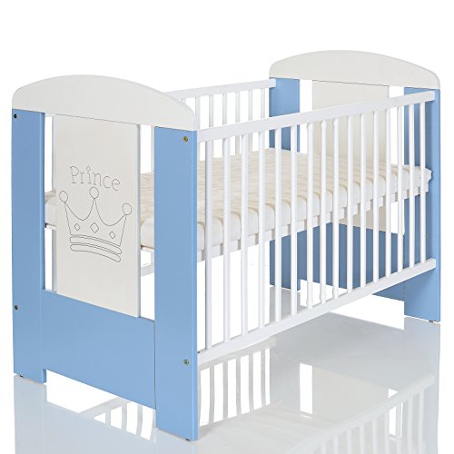 Baby Kinderbett PRINCE 120x60 cm weiss blau mit Holz Gravur und Matratze