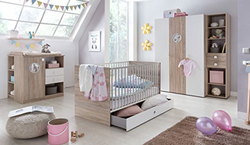 Babyzimmer, Kinderzimmer, Komplett-Set, Babymöbel, Babybett, Wickelkommode, Babyausstattung, Komplett, Schrank, Eiche sägerau, alpinweiß, Sonoma