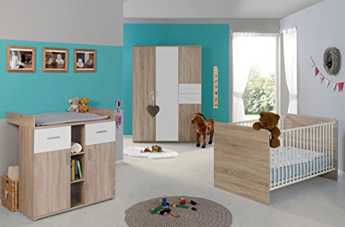 Babyzimmer / Kinderzimmer komplett Set ELISA 3 in Eiche Sonoma Weiß, Komplettset mit grossem 3-türigen Kleiderschrank Babybett Lattenrost Wickelkommode Wickelaufsatz, Made in Germany