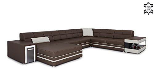 Braunes Ledersofa Wohnlandschaft U-Form Leder XXL Sofa Couch Ledercouch Designsofa Ecksofa mit LED-Licht Beleuchtung MARCO