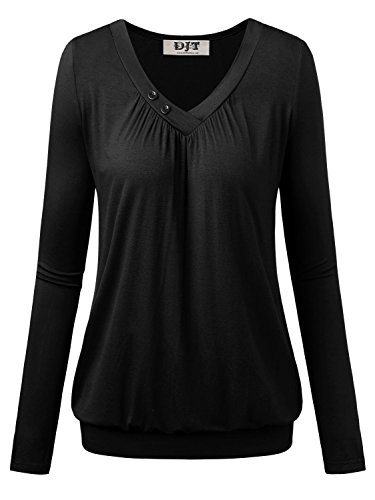 DJT Damen Basic V-Ausschnitt Langarmshirt Falten Casual mit Knopf T-Shirt