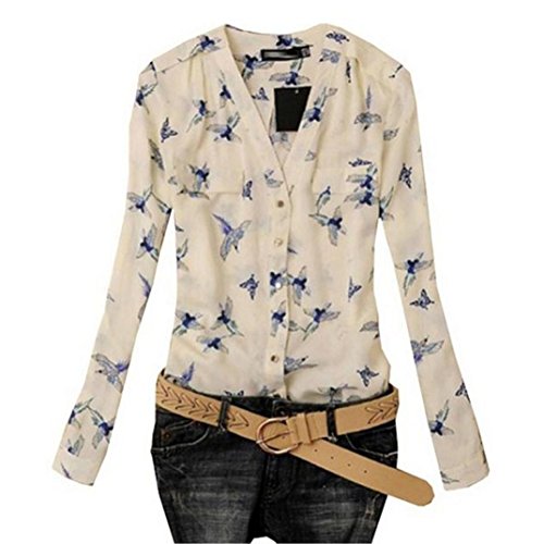 Damen Bluse, GJKK Damen Mode Elegant Vogel Gedruckt Chiffon Bluse Langarm Casual Slim Shirts Oberteil Casual Tunika Langarmshirt Tops