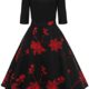 Damen Elegant Audrey Hepburn Kleid Langarm A-Linie mit Blumendruck U-Ausschnitt Partykleider Cocktailkleid Printkleid Knielang Gr.S-2XL MisShow