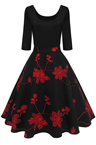 Damen Elegant Audrey Hepburn Kleid Langarm A-Linie mit Blumendruck U-Ausschnitt Partykleider Cocktailkleid Printkleid Knielang Gr.S-2XL MisShow